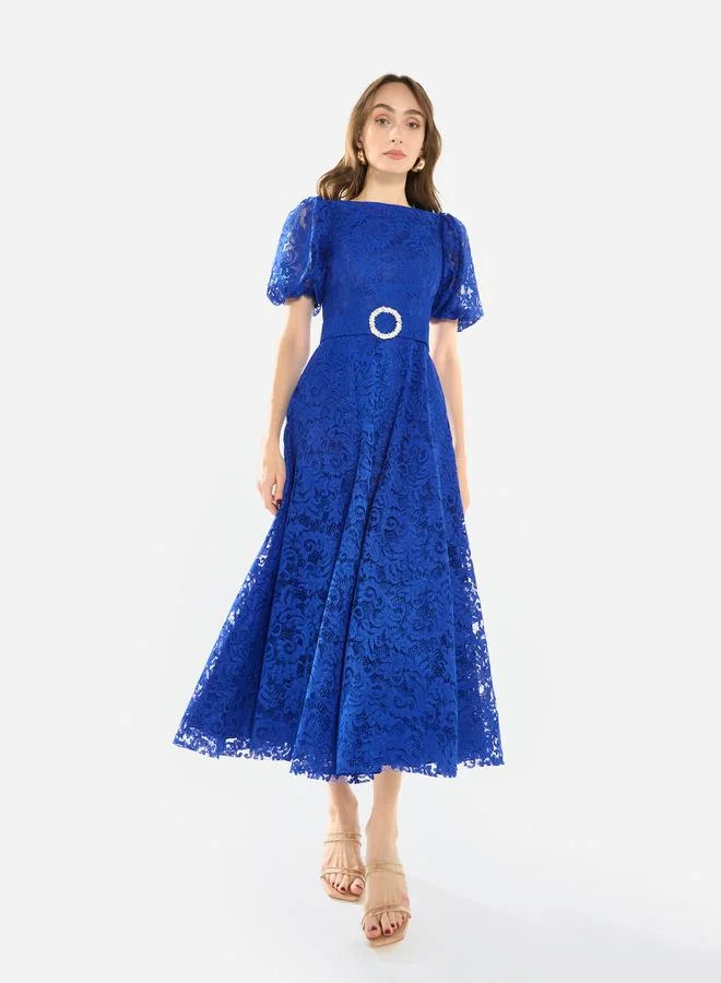 House of Moda Women Floral Lace Puff Sleeve Midi Dress